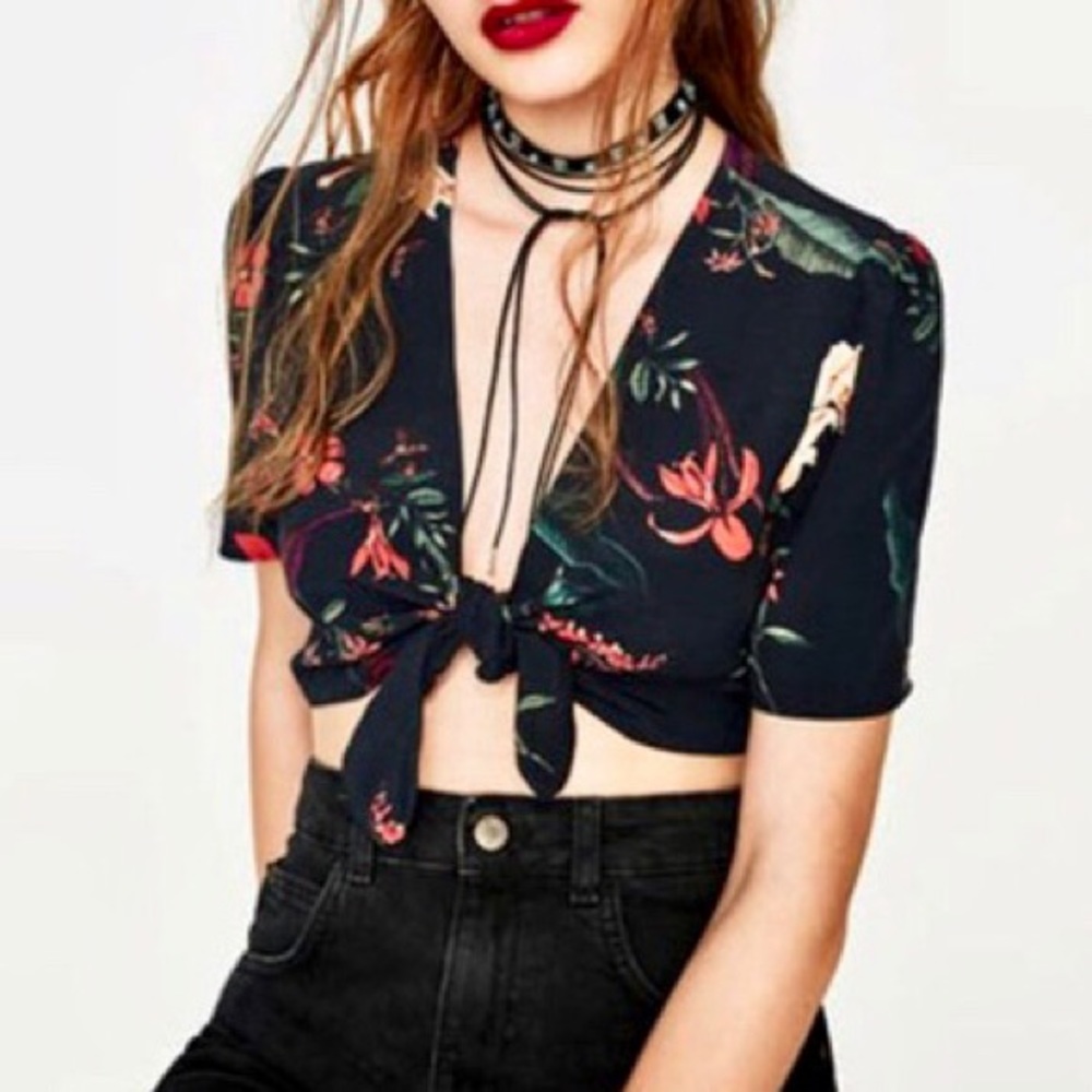 Zara Tropical Floral Print Tie Front Crop Top